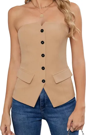 Women's Summer Strapless Vest Tops Notched Neck Tube Tops Button Fitted Sleeveless Work Business Blazer Vest