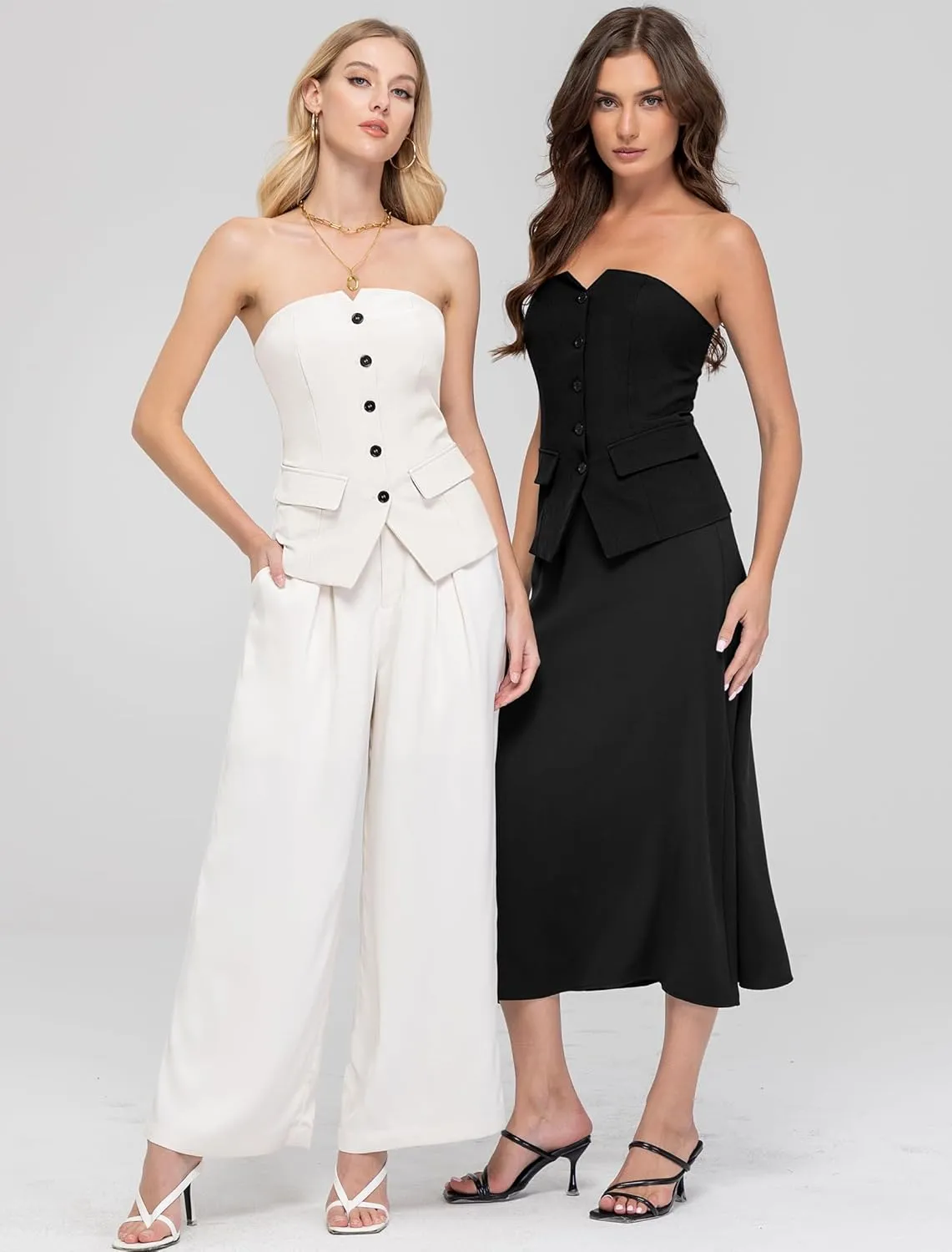 Women's Summer Strapless Vest Tops Notched Neck Tube Tops Button Fitted Sleeveless Work Business Blazer Vest