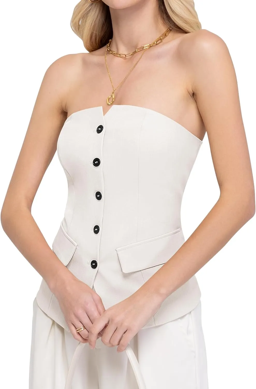 Women's Summer Strapless Vest Tops Notched Neck Tube Tops Button Fitted Sleeveless Work Business Blazer Vest