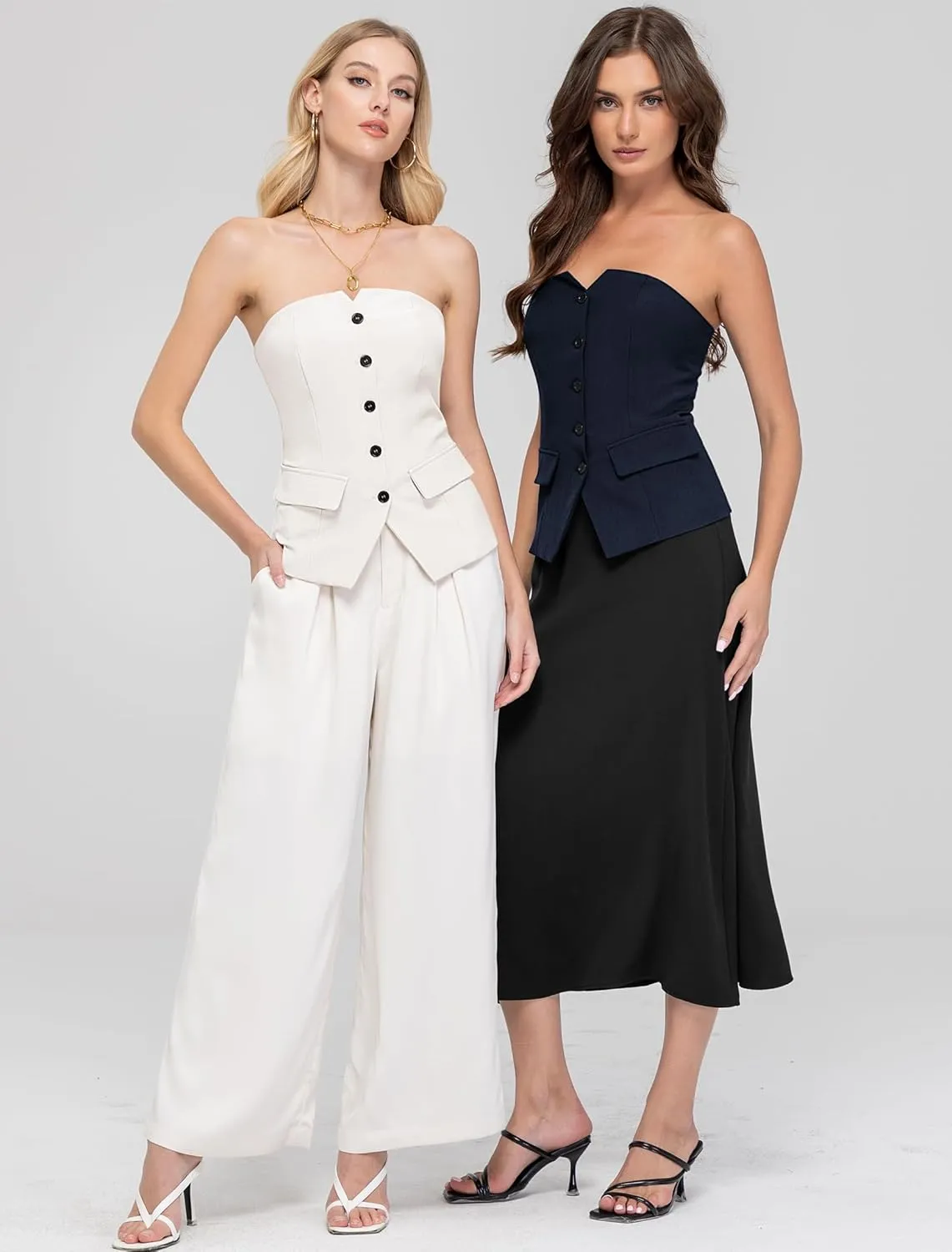 Women's Summer Strapless Vest Tops Notched Neck Tube Tops Button Fitted Sleeveless Work Business Blazer Vest