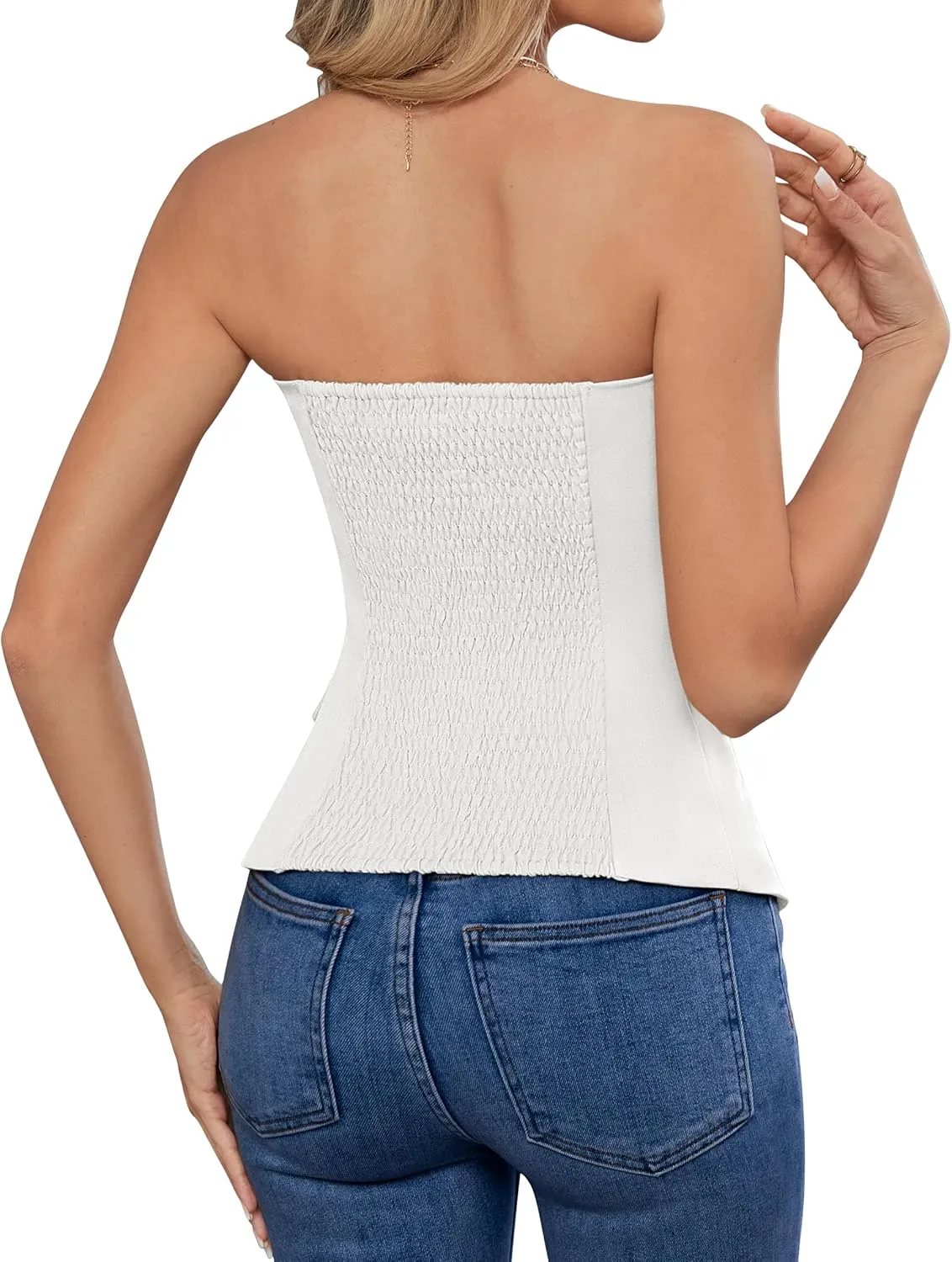 Women's Summer Strapless Vest Tops Notched Neck Tube Tops Button Fitted Sleeveless Work Business Blazer Vest