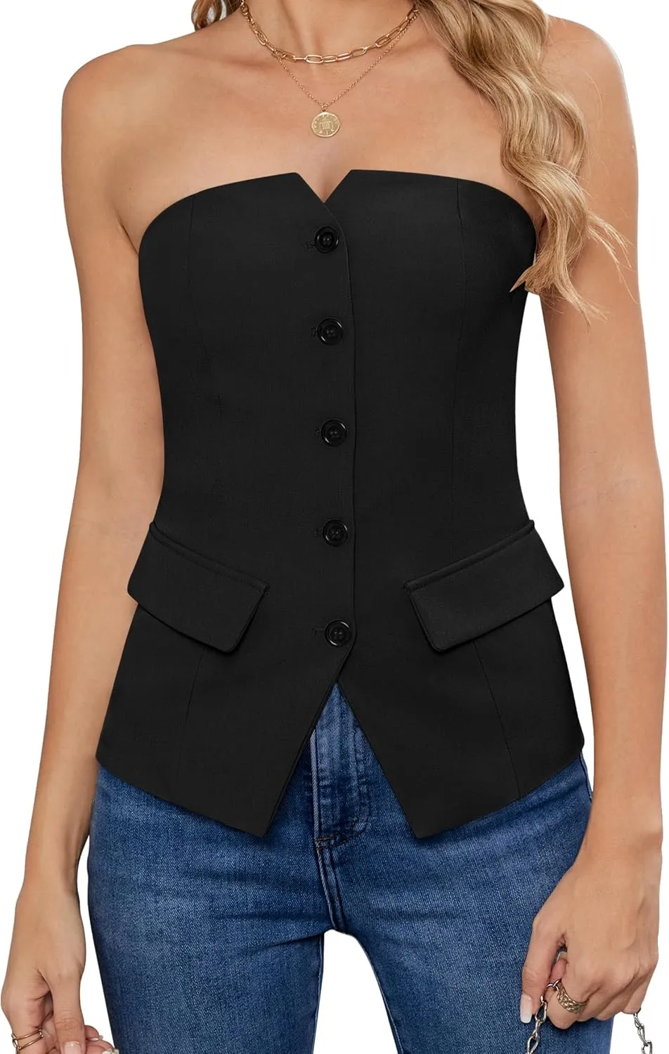 Women's Summer Strapless Vest Tops Notched Neck Tube Tops Button Fitted Sleeveless Work Business Blazer Vest