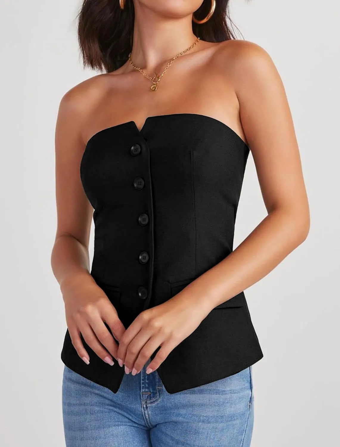 Women's Summer Strapless Vest Tops Notched Neck Tube Tops Button Fitted Sleeveless Work Business Blazer Vest