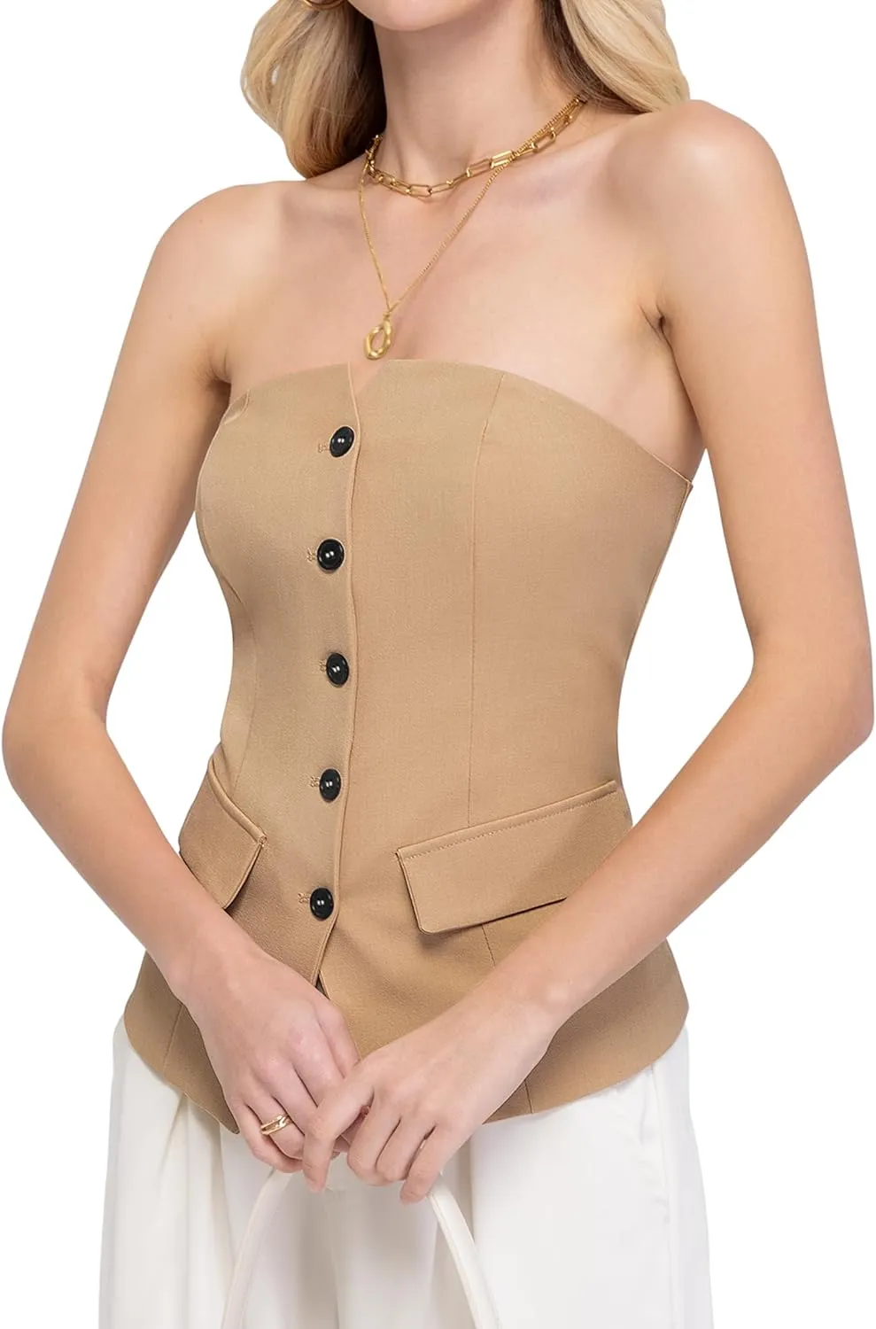 Women's Summer Strapless Vest Tops Notched Neck Tube Tops Button Fitted Sleeveless Work Business Blazer Vest