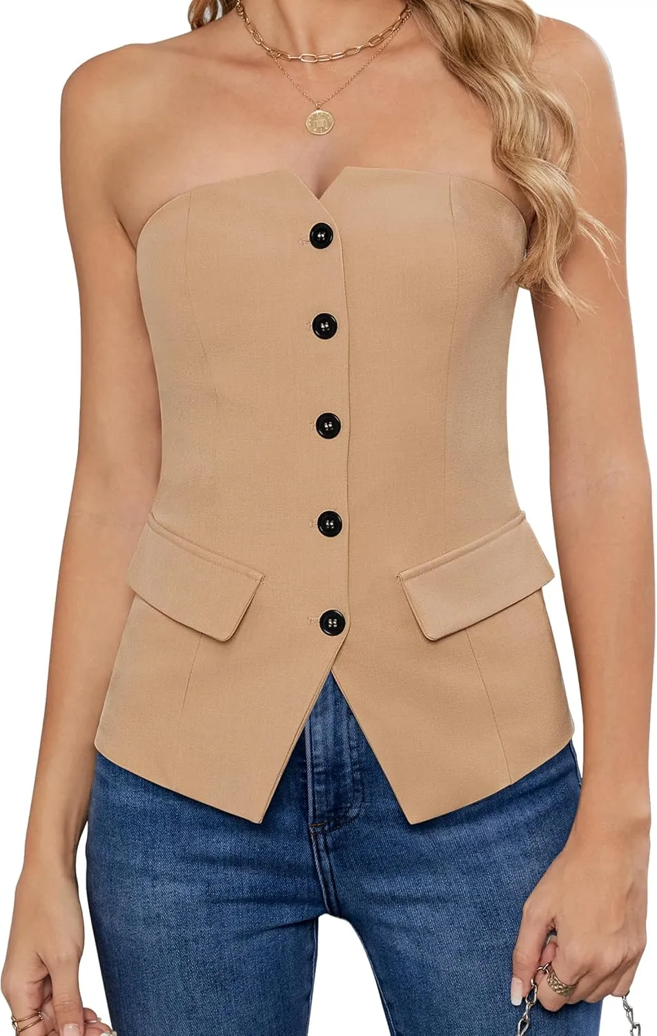 Women's Summer Strapless Vest Tops Notched Neck Tube Tops Button Fitted Sleeveless Work Business Blazer Vest
