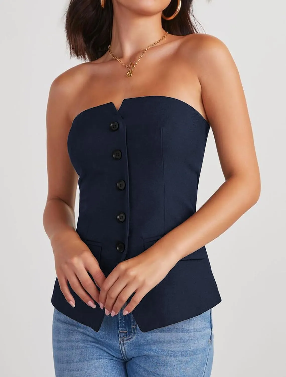 Women's Summer Strapless Vest Tops Notched Neck Tube Tops Button Fitted Sleeveless Work Business Blazer Vest
