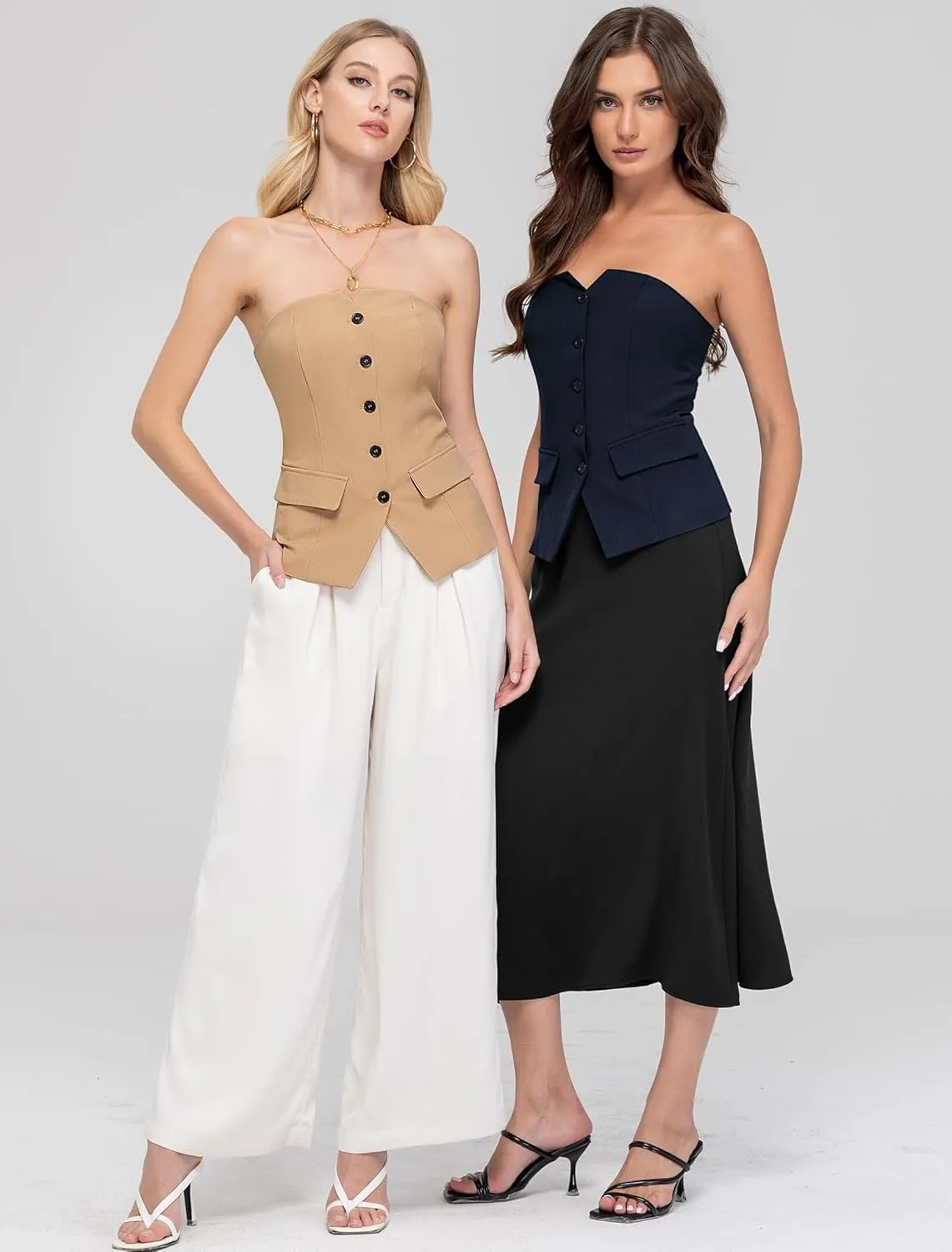 Women's Summer Strapless Vest Tops Notched Neck Tube Tops Button Fitted Sleeveless Work Business Blazer Vest