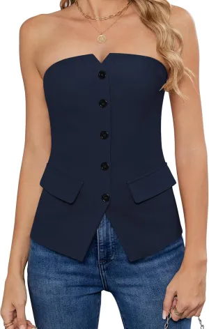 Women's Summer Strapless Vest Tops Notched Neck Tube Tops Button Fitted Sleeveless Work Business Blazer Vest