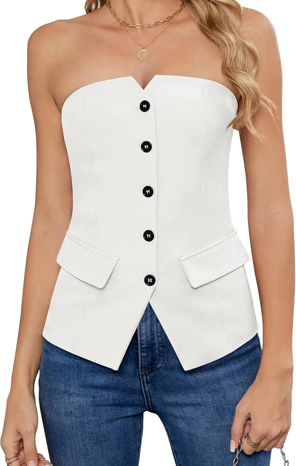 Women's Summer Strapless Vest Tops Notched Neck Tube Tops Button Fitted Sleeveless Work Business Blazer Vest