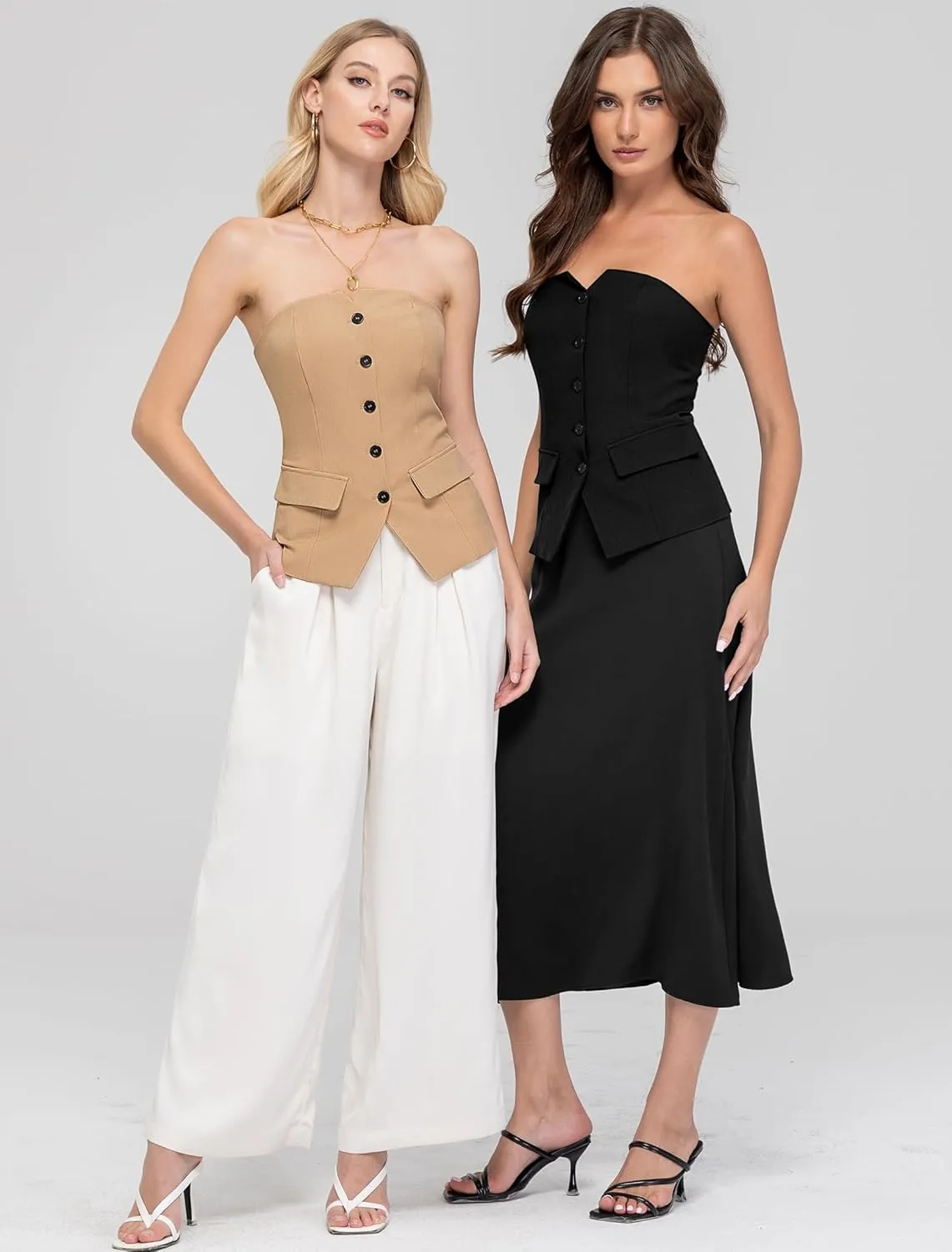 Women's Summer Strapless Vest Tops Notched Neck Tube Tops Button Fitted Sleeveless Work Business Blazer Vest