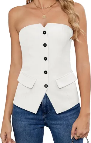 Women's Summer Strapless Vest Tops Notched Neck Tube Tops Button Fitted Sleeveless Work Business Blazer Vest