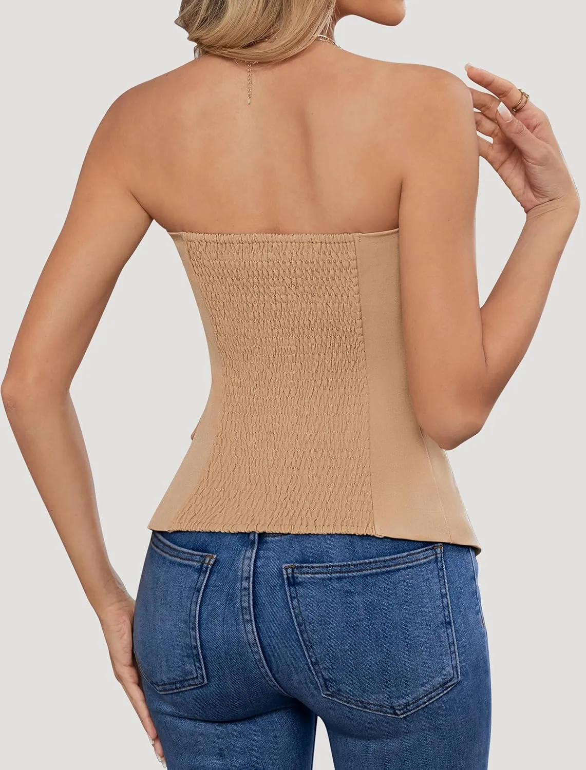 Women's Summer Strapless Vest Tops Notched Neck Tube Tops Button Fitted Sleeveless Work Business Blazer Vest