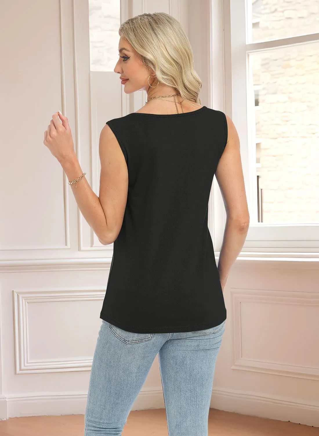 Womens Summer Tank Tops V Neck Sleeveless Buttons Pleated Casual Shirts Dressy Loose Fit Tshirts Blouses
