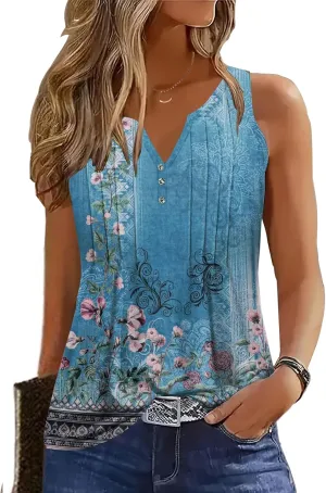 Womens Summer Tank Tops V Neck Sleeveless Buttons Pleated Casual Shirts Dressy Loose Fit Tshirts Blouses