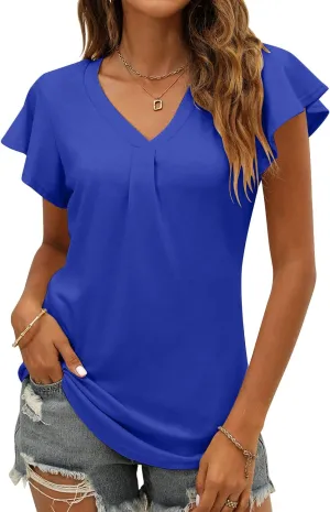 Women's Summer Tops Ruffle Sleeve V Neck Tunic Shirts Business Casual Flowy Blouses for Women