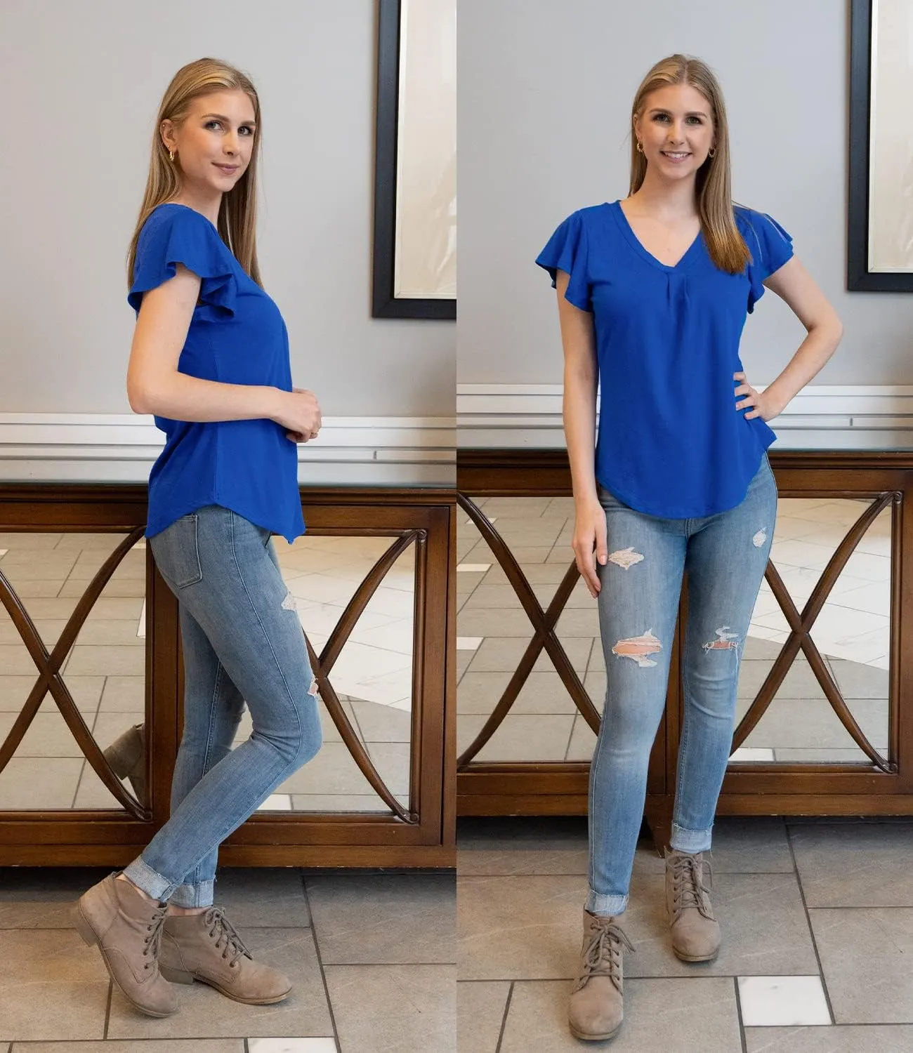Women's Summer Tops Ruffle Sleeve V Neck Tunic Shirts Business Casual Flowy Blouses for Women
