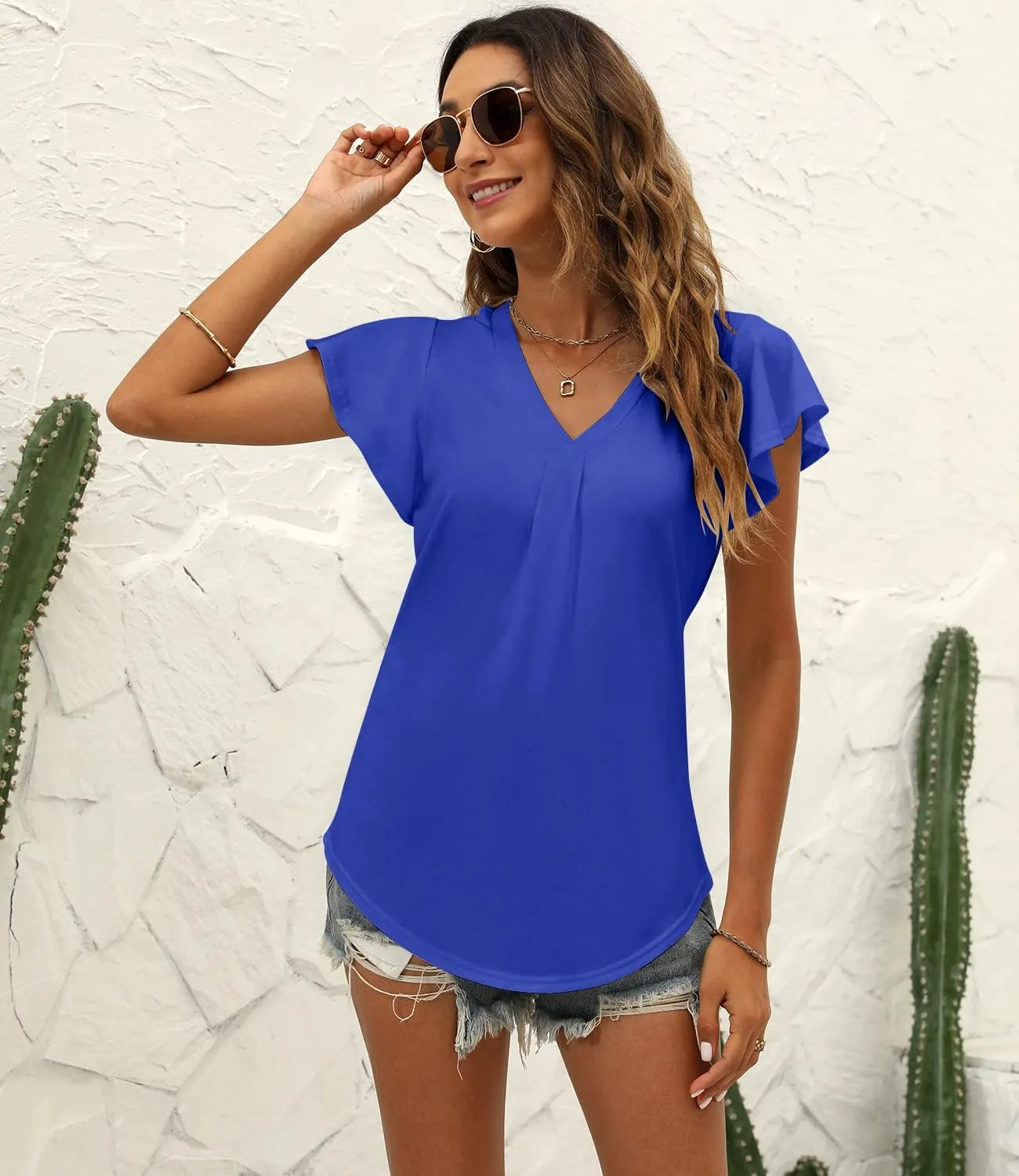 Women's Summer Tops Ruffle Sleeve V Neck Tunic Shirts Business Casual Flowy Blouses for Women