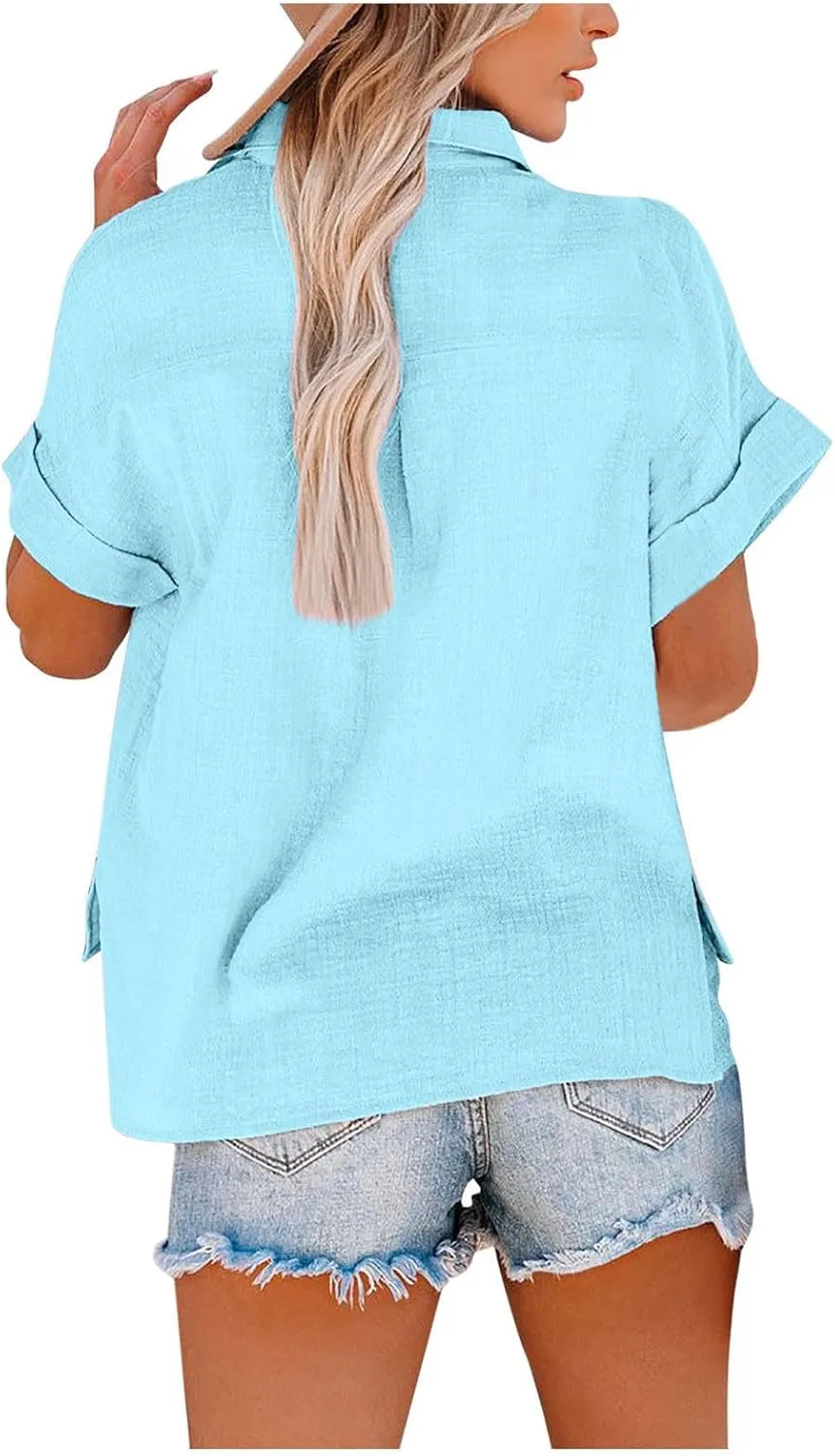 Womens Summer Tops V Neck Button Down Shirts Casual Trendy Business Basic Tees Ladies Daily Going Out Blouses