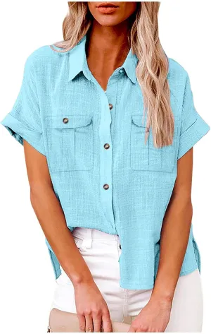 Womens Summer Tops V Neck Button Down Shirts Casual Trendy Business Basic Tees Ladies Daily Going Out Blouses