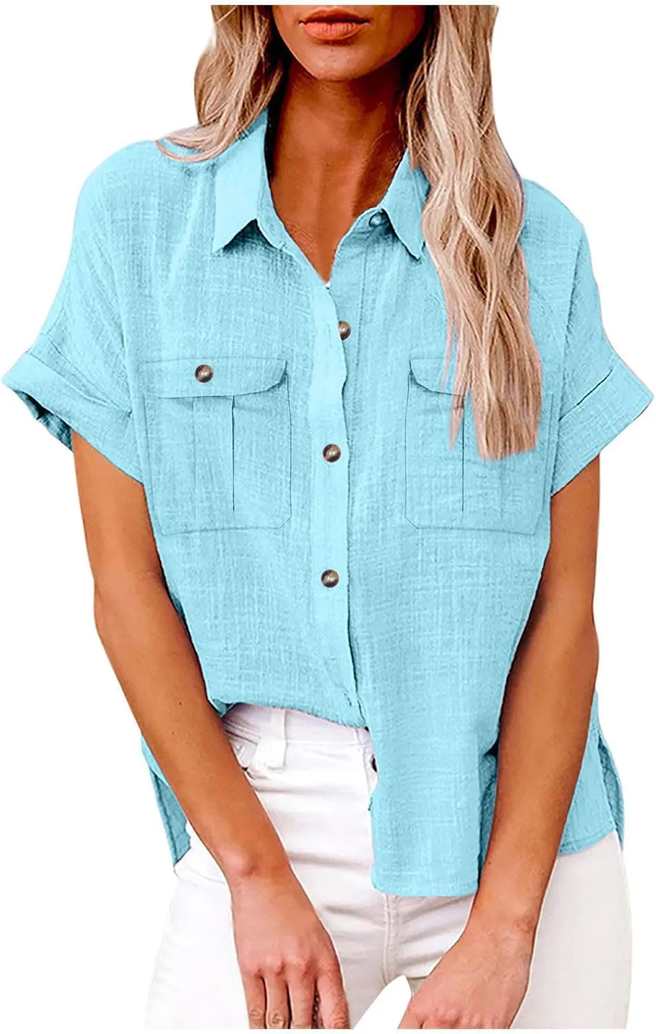 Womens Summer Tops V Neck Button Down Shirts Casual Trendy Business Basic Tees Ladies Daily Going Out Blouses