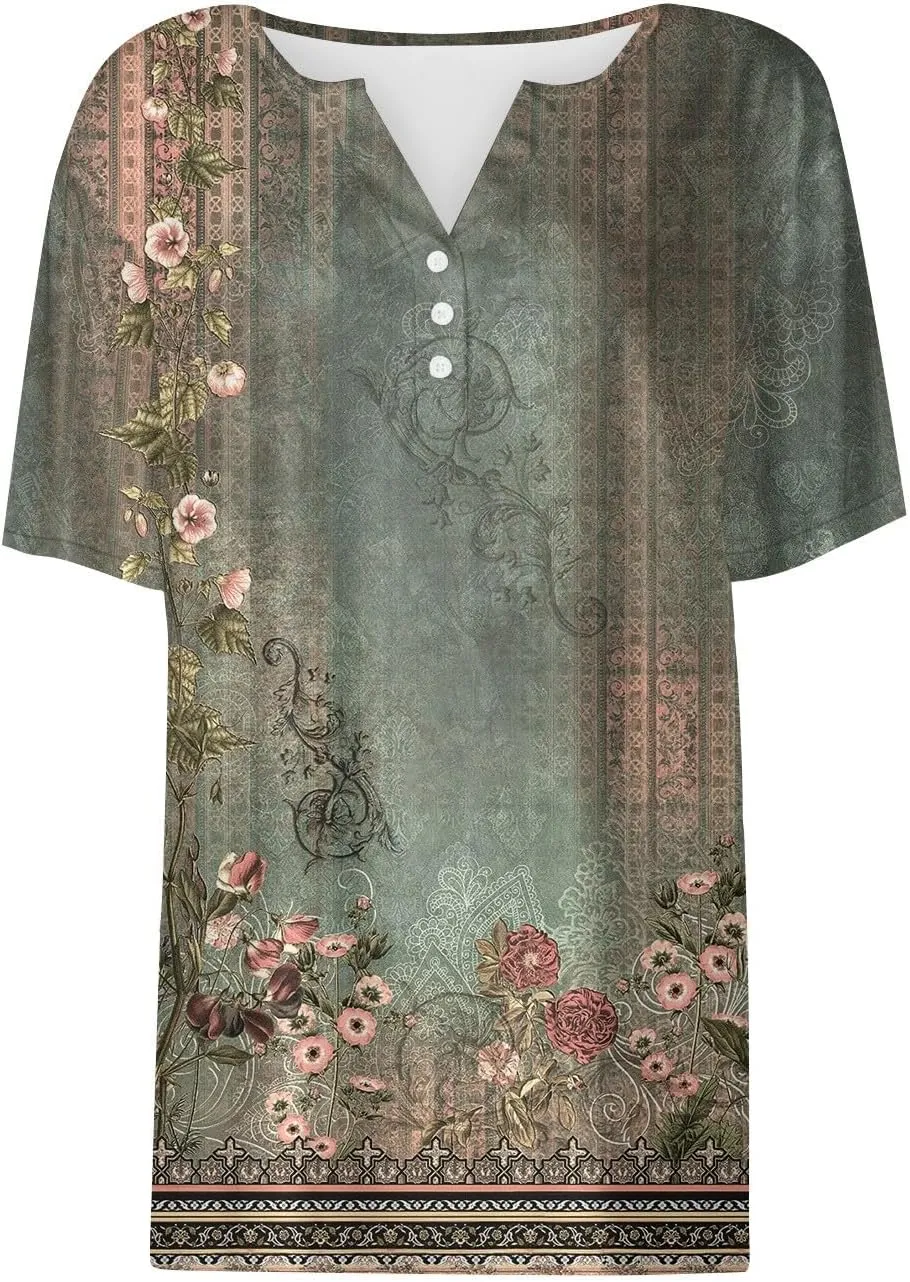 Womens T Shirts Short Sleeve Henley Neck Button Blouses Trendy Loose Dressy V Neck Printed Shirts 2025 Summer Spring