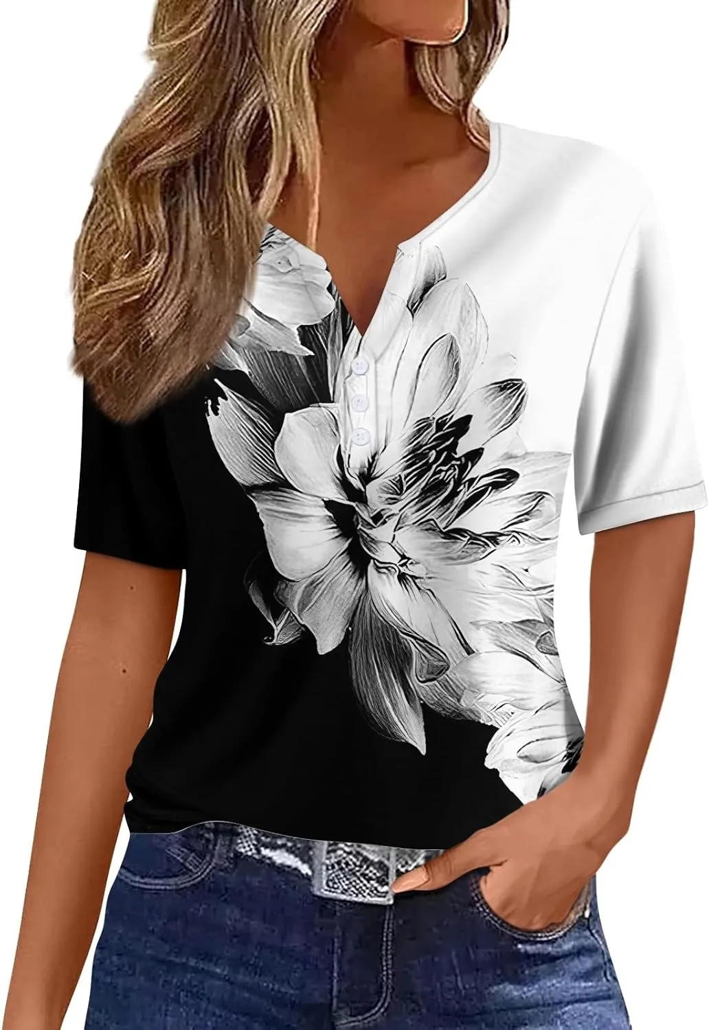 Womens T Shirts Short Sleeve Henley Neck Button Blouses Trendy Loose Dressy V Neck Printed Shirts 2025 Summer Spring