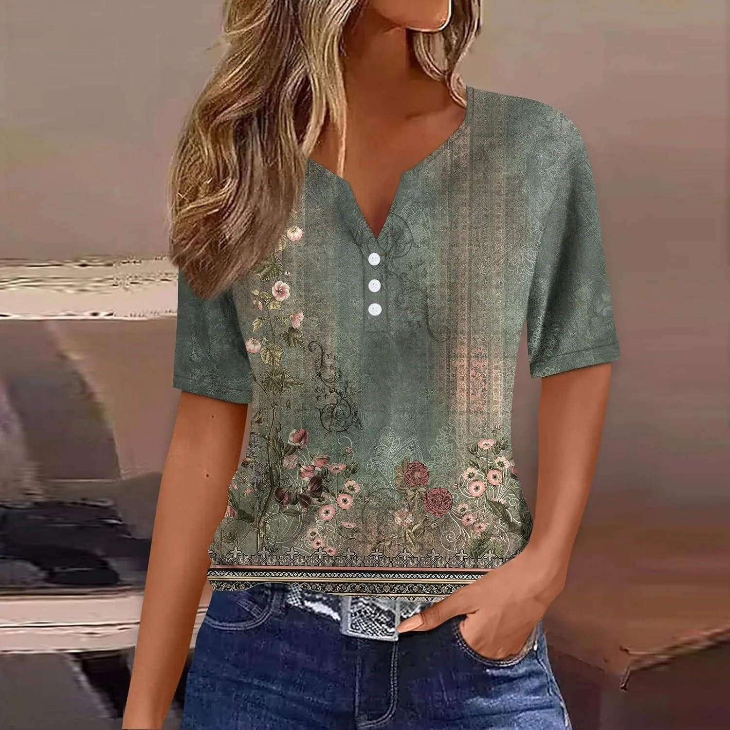 Womens T Shirts Short Sleeve Henley Neck Button Blouses Trendy Loose Dressy V Neck Printed Shirts 2025 Summer Spring