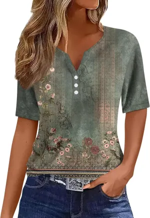 Womens T Shirts Short Sleeve Henley Neck Button Blouses Trendy Loose Dressy V Neck Printed Shirts 2025 Summer Spring