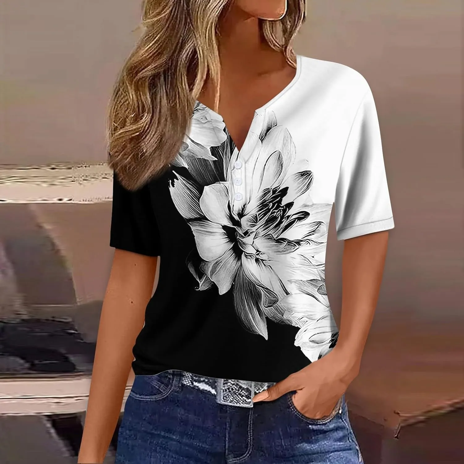 Womens T Shirts Short Sleeve Henley Neck Button Blouses Trendy Loose Dressy V Neck Printed Shirts 2025 Summer Spring