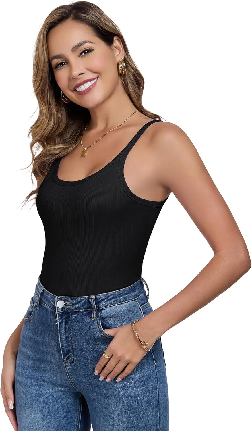 Womens Tank Tops Spaghetti Straps Scoop Neck Ribbed Slim Fitted Summer Workout Camisole Basic Layering Shirts