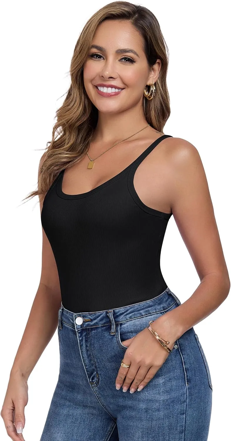 Womens Tank Tops Spaghetti Straps Scoop Neck Ribbed Slim Fitted Summer Workout Camisole Basic Layering Shirts