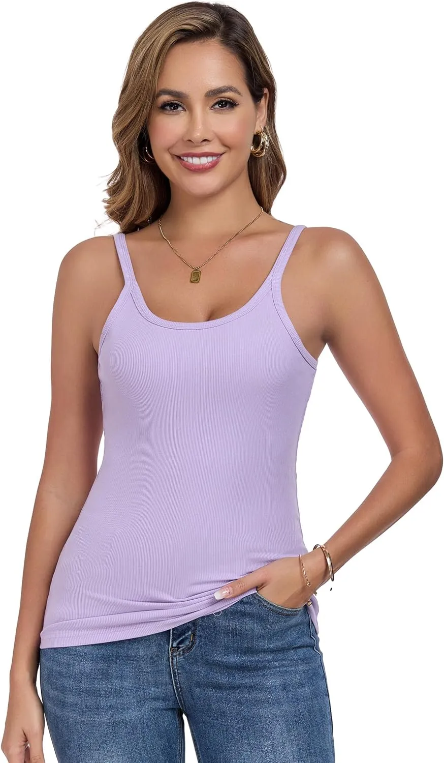 Womens Tank Tops Spaghetti Straps Scoop Neck Ribbed Slim Fitted Summer Workout Camisole Basic Layering Shirts
