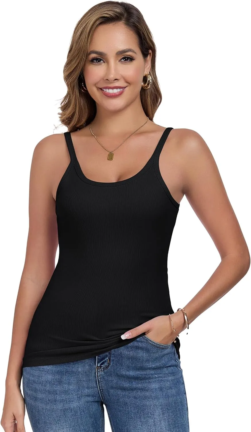 Womens Tank Tops Spaghetti Straps Scoop Neck Ribbed Slim Fitted Summer Workout Camisole Basic Layering Shirts