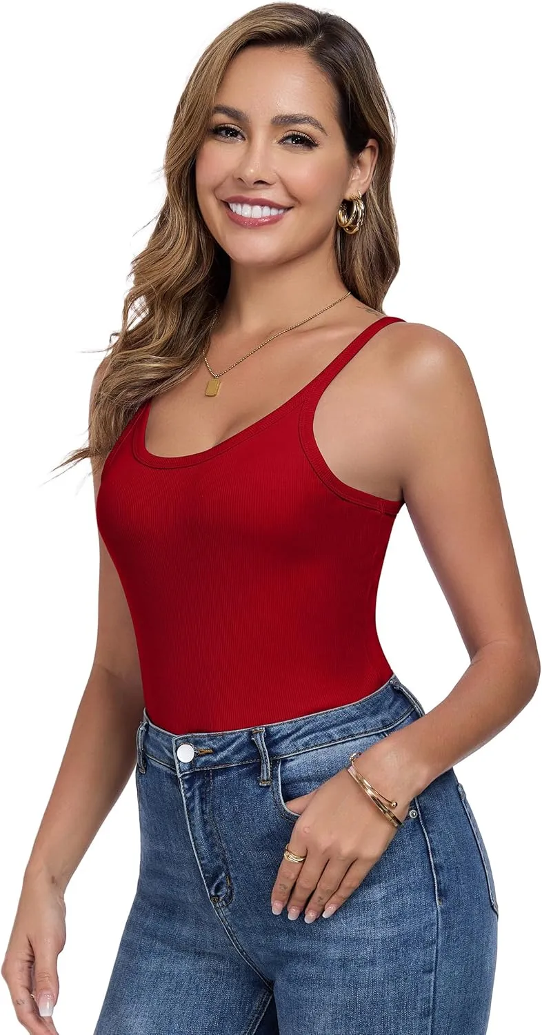 Womens Tank Tops Spaghetti Straps Scoop Neck Ribbed Slim Fitted Summer Workout Camisole Basic Layering Shirts