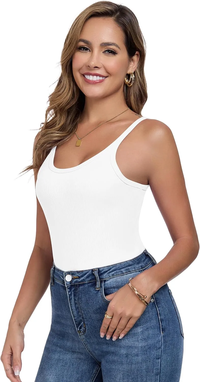Womens Tank Tops Spaghetti Straps Scoop Neck Ribbed Slim Fitted Summer Workout Camisole Basic Layering Shirts