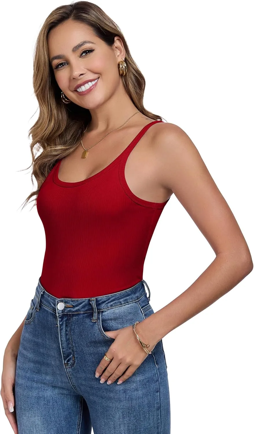 Womens Tank Tops Spaghetti Straps Scoop Neck Ribbed Slim Fitted Summer Workout Camisole Basic Layering Shirts