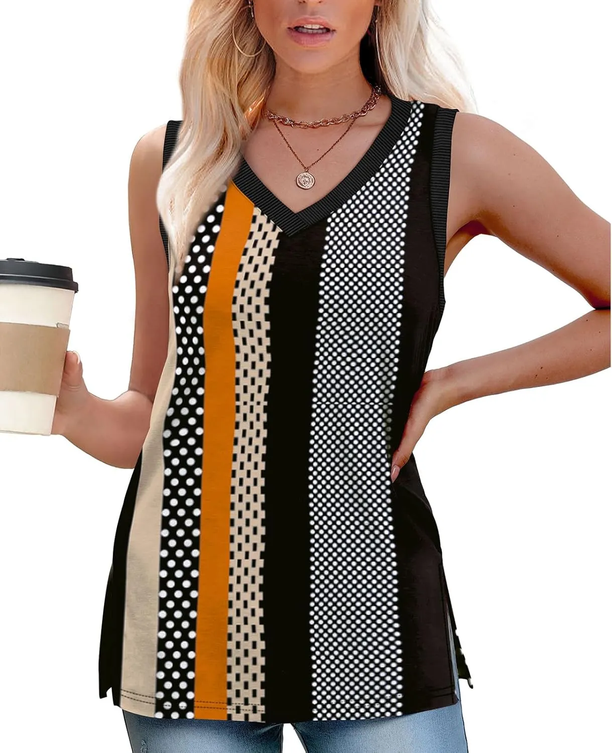 Womens Tank Tops Summer V Neck Loose Fit Casual Basic Side Split Sleeveless