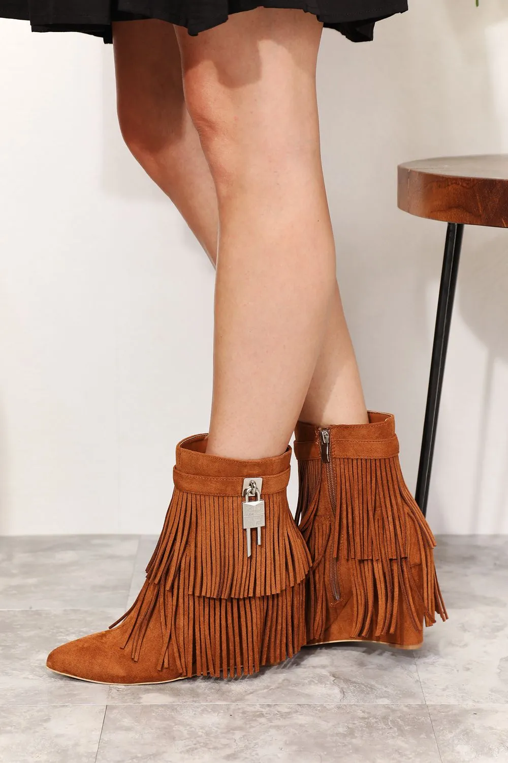 Women's Tassel Wedge Heel Ankle Booties in Ochre