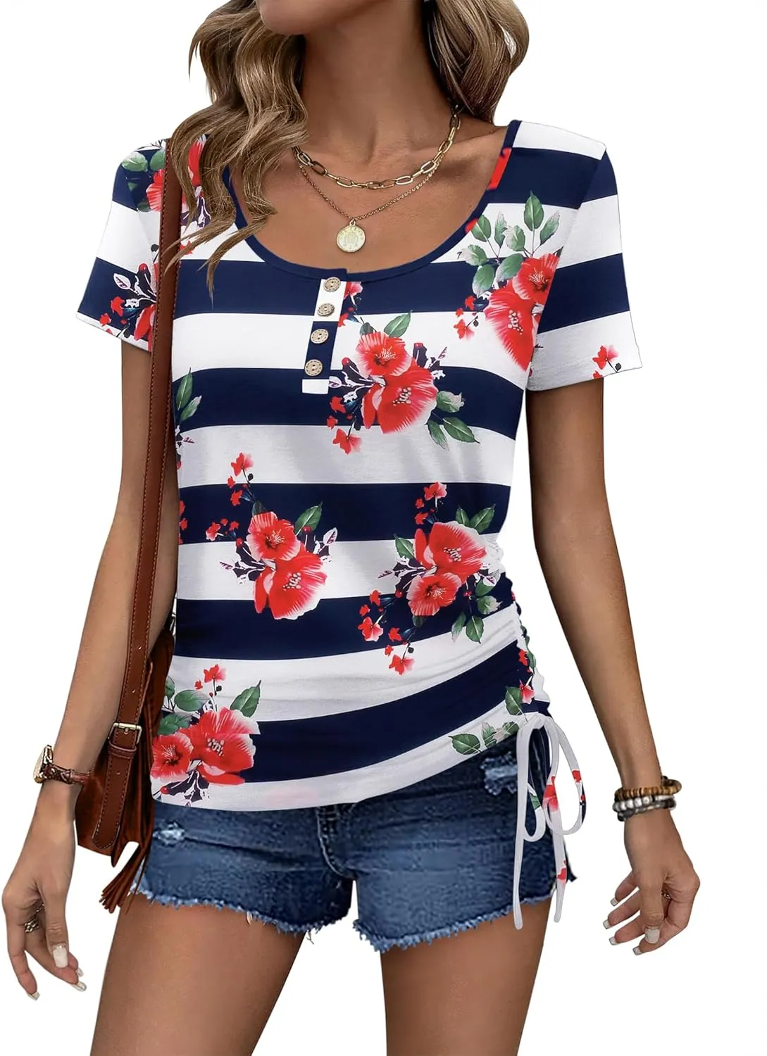 Womens Tops Short Sleeve Summer Henley Shirts Scoop Neck Ruched Blouses Dressy Casual Tunic Tops
