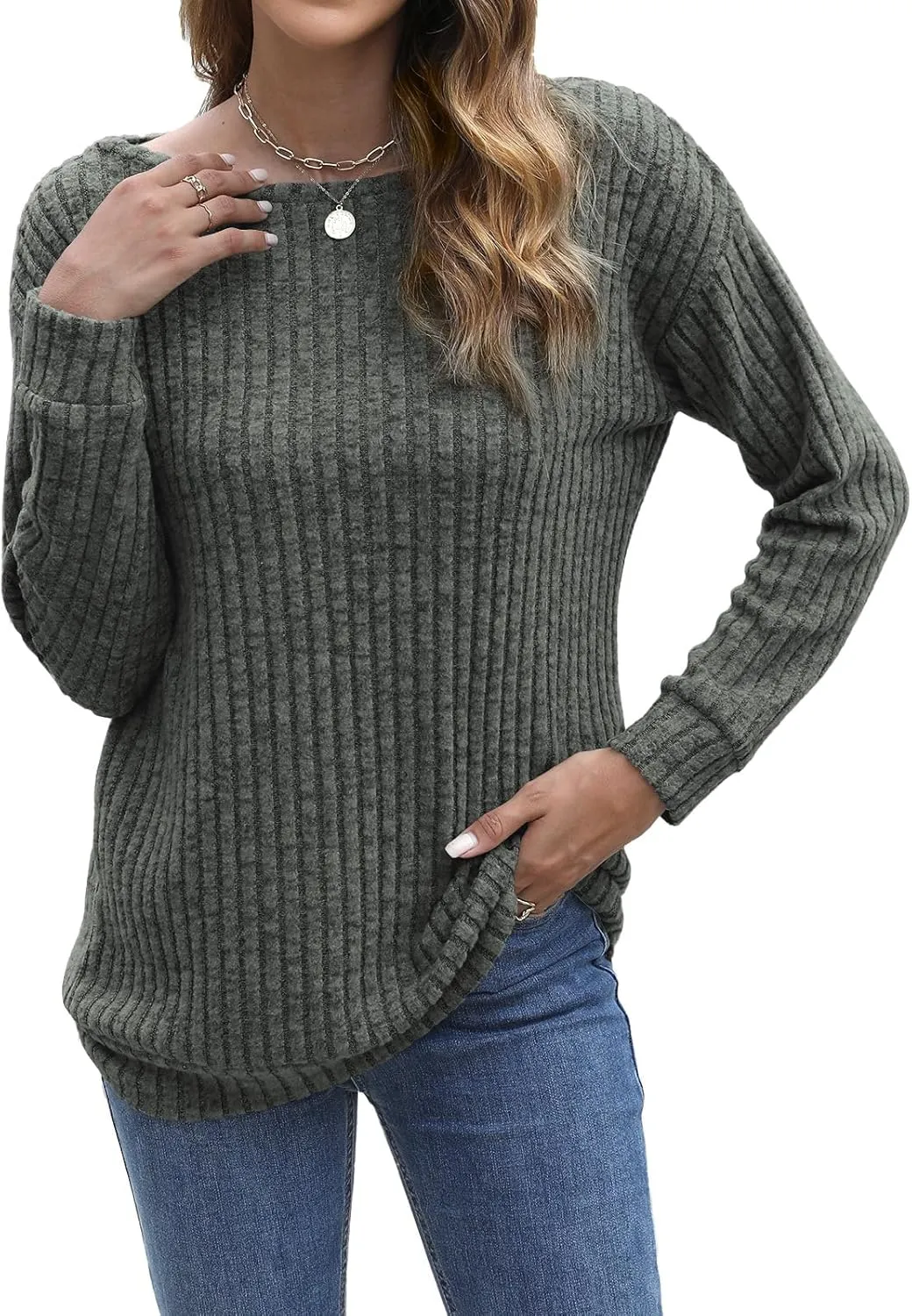 Womens Tops Sweaters Ladies Tunics Casual Long Sleeve Shirts Blouses Tees Dressy Casual Clothing Boat Neck Fashion 2025