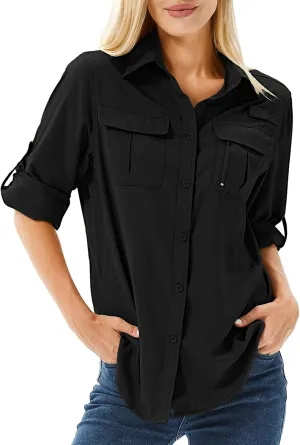Women's UPF 50 Long Sleeve UV Sun Protection Safari Shirts Outdoor Quick Dry Fishing Hiking Travel Shirts
