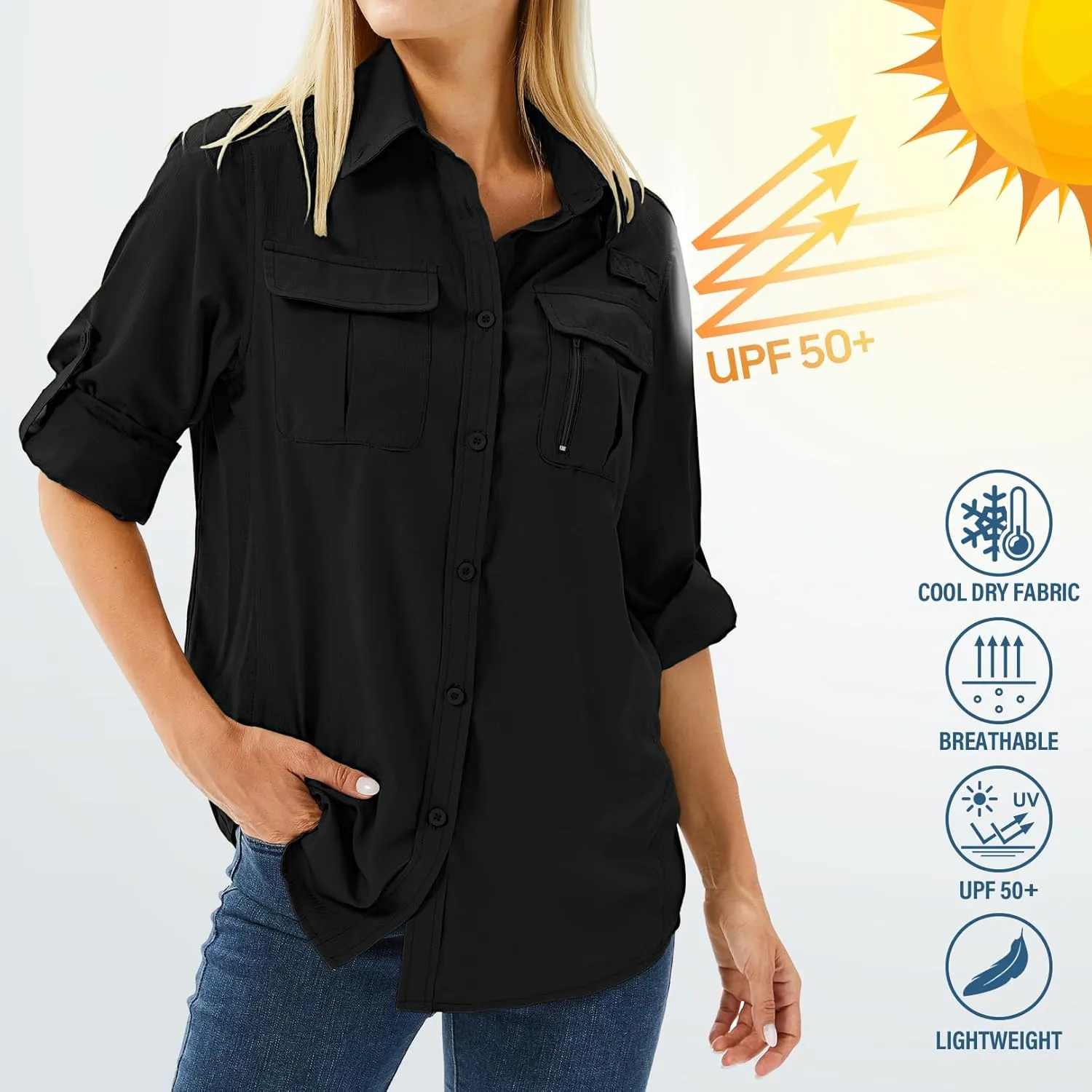 Women's UPF 50 Long Sleeve UV Sun Protection Safari Shirts Outdoor Quick Dry Fishing Hiking Travel Shirts