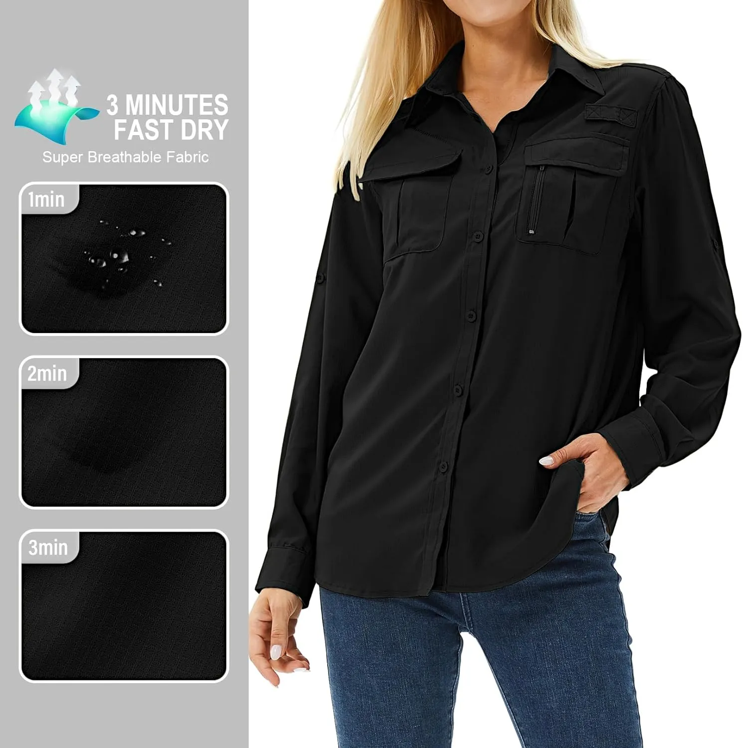 Women's UPF 50 Long Sleeve UV Sun Protection Safari Shirts Outdoor Quick Dry Fishing Hiking Travel Shirts