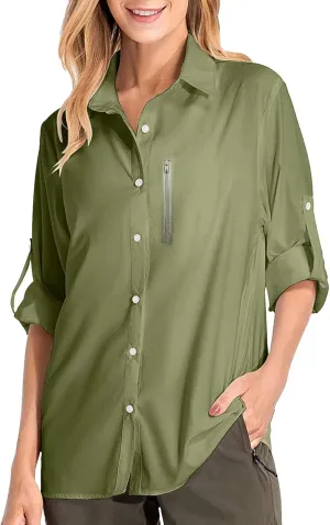 Women's UPF 50 Long Sleeve UV Sun Protection Safari Shirts Outdoor Quick Dry Sun Shirt Fishing Hiking Travel Shirts