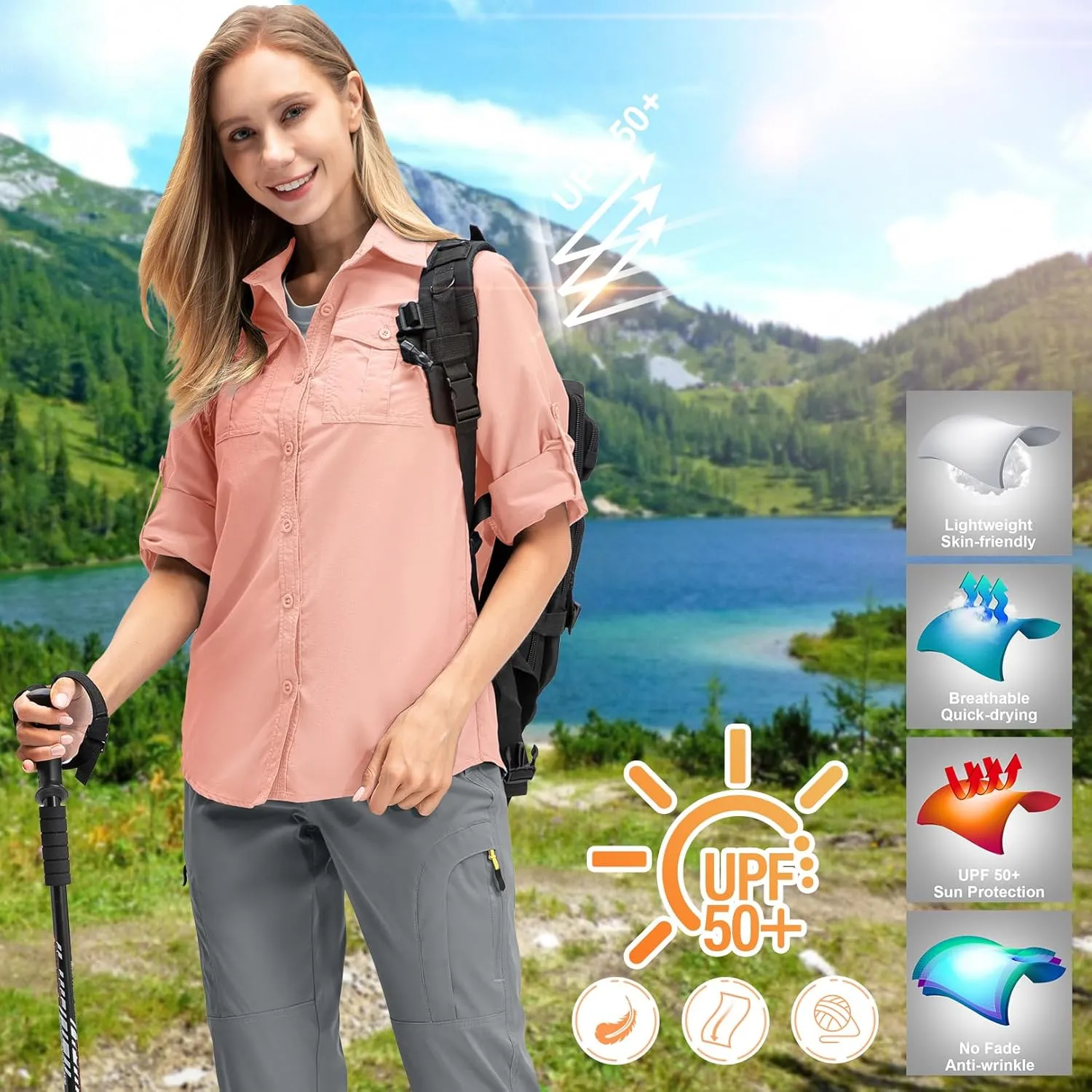 Women's UPF 50  UV Sun Protection Long Sleeve Safari Shirts Outdoor Quick Dry Fishing Hiking Travel Shirts