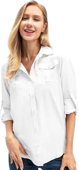 Women's UPF 50  UV Sun Protection Long Sleeve Safari Shirts Outdoor Quick Dry Fishing Hiking Travel Shirts