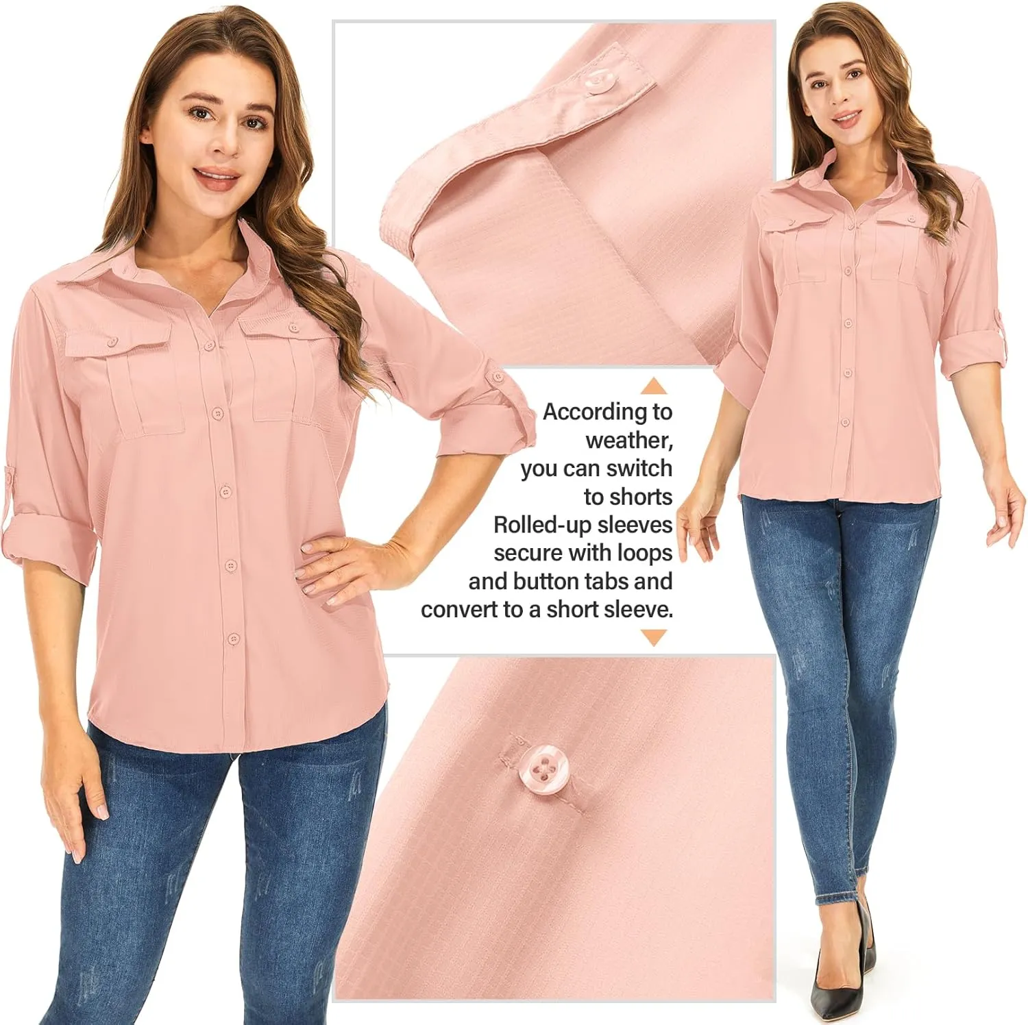 Women's UPF 50  UV Sun Protection Long Sleeve Safari Shirts Outdoor Quick Dry Fishing Hiking Travel Shirts