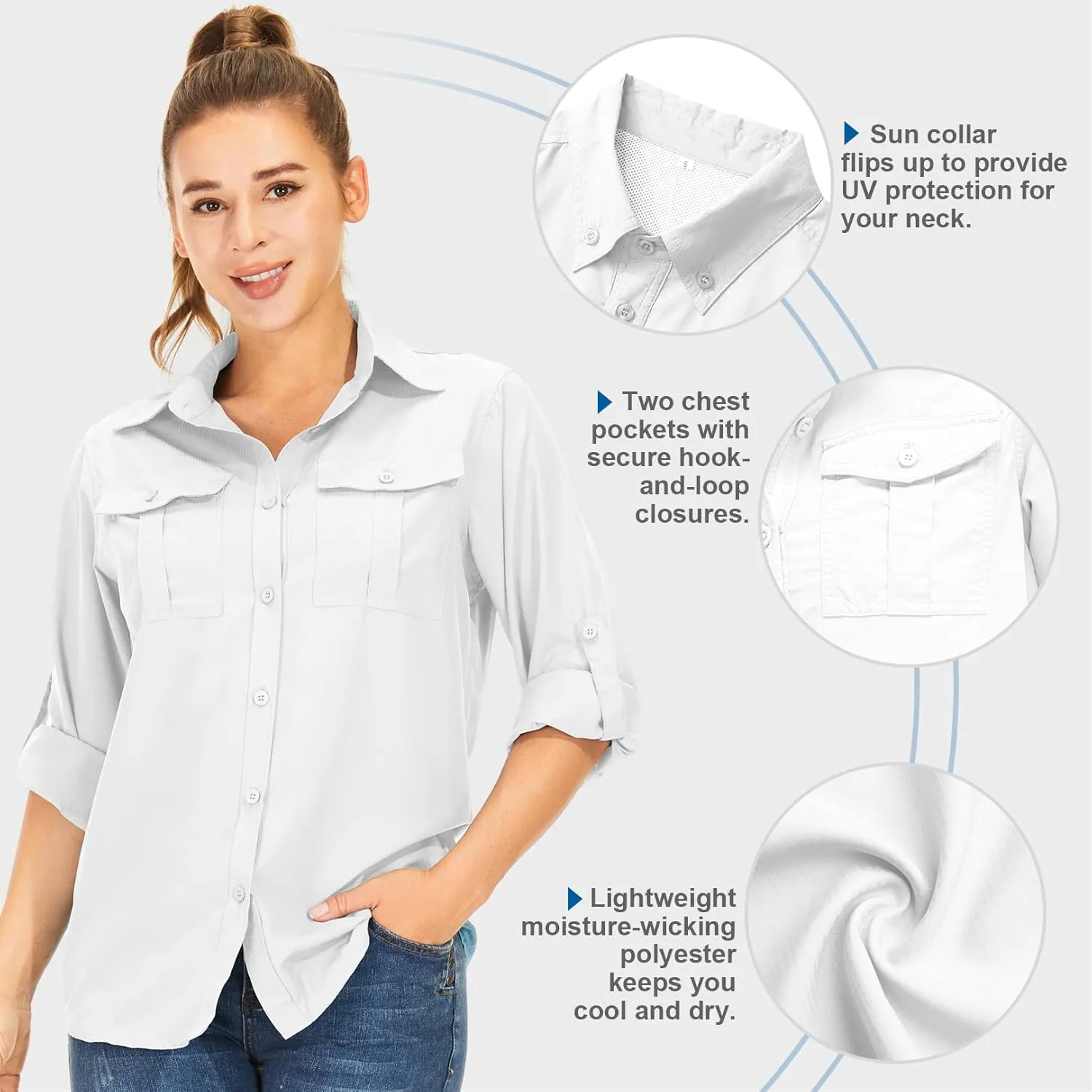 Women's UPF 50  UV Sun Protection Long Sleeve Safari Shirts Outdoor Quick Dry Fishing Hiking Travel Shirts