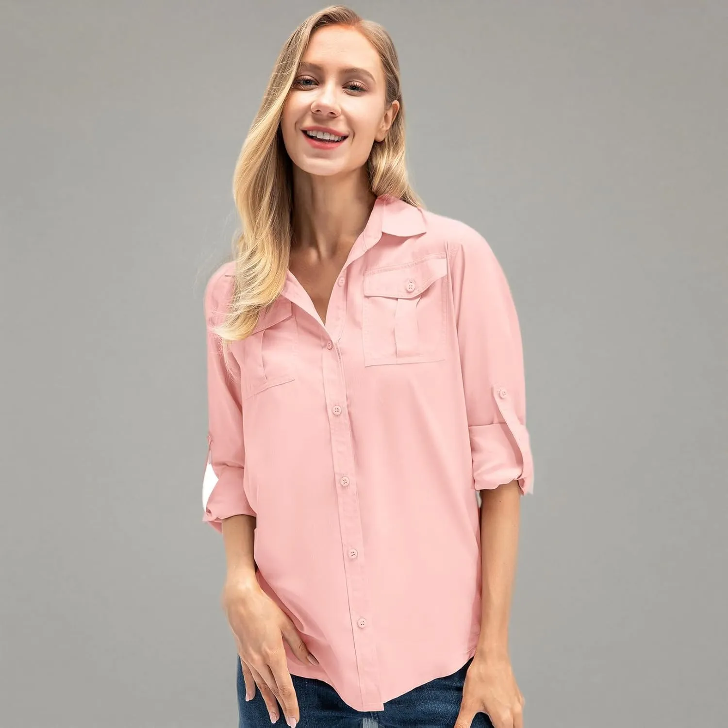 Women's UPF 50  UV Sun Protection Long Sleeve Safari Shirts Outdoor Quick Dry Fishing Hiking Travel Shirts