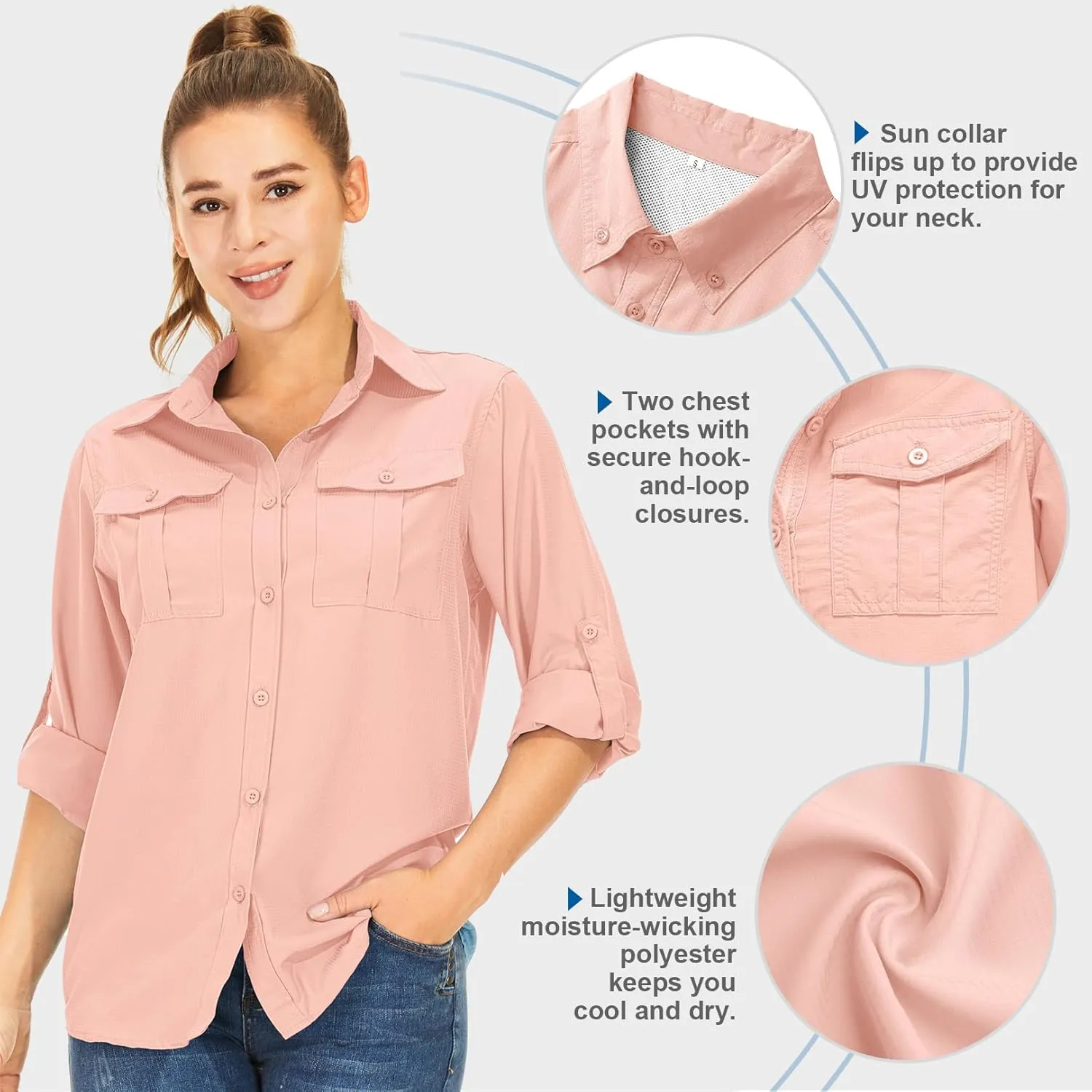 Women's UPF 50  UV Sun Protection Long Sleeve Safari Shirts Outdoor Quick Dry Fishing Hiking Travel Shirts